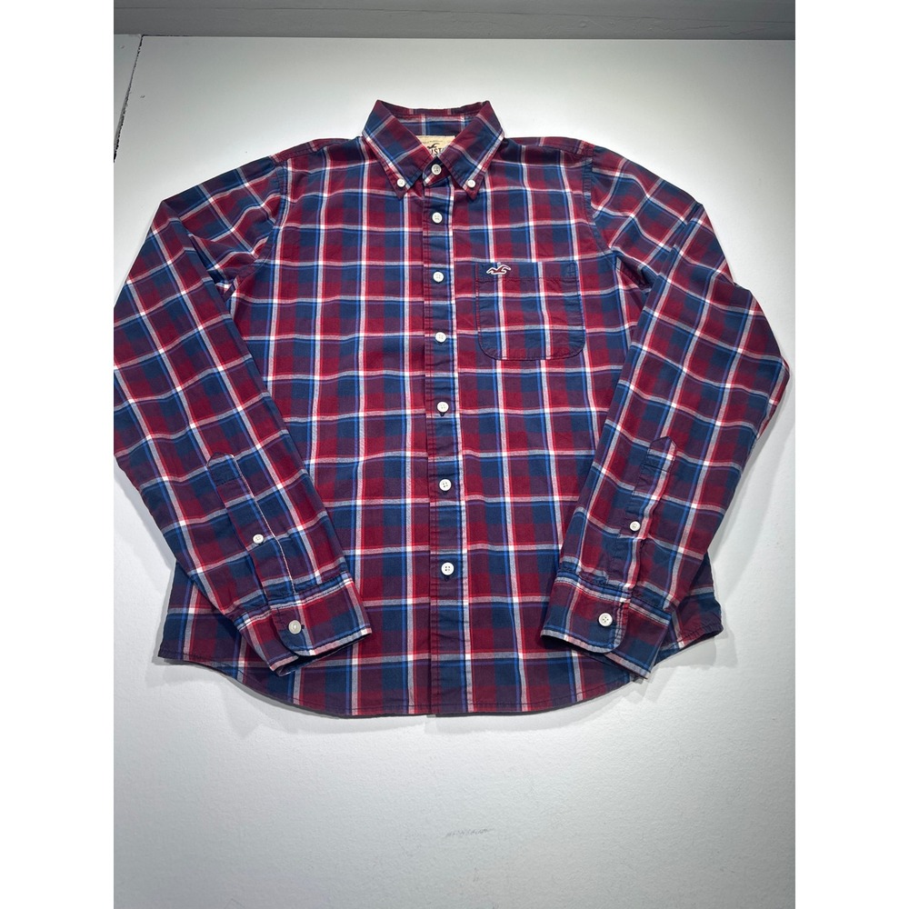 Hollister Mens XL Red Blue Plaid Long Sleeve Button Down Shirt Pocket Seagull